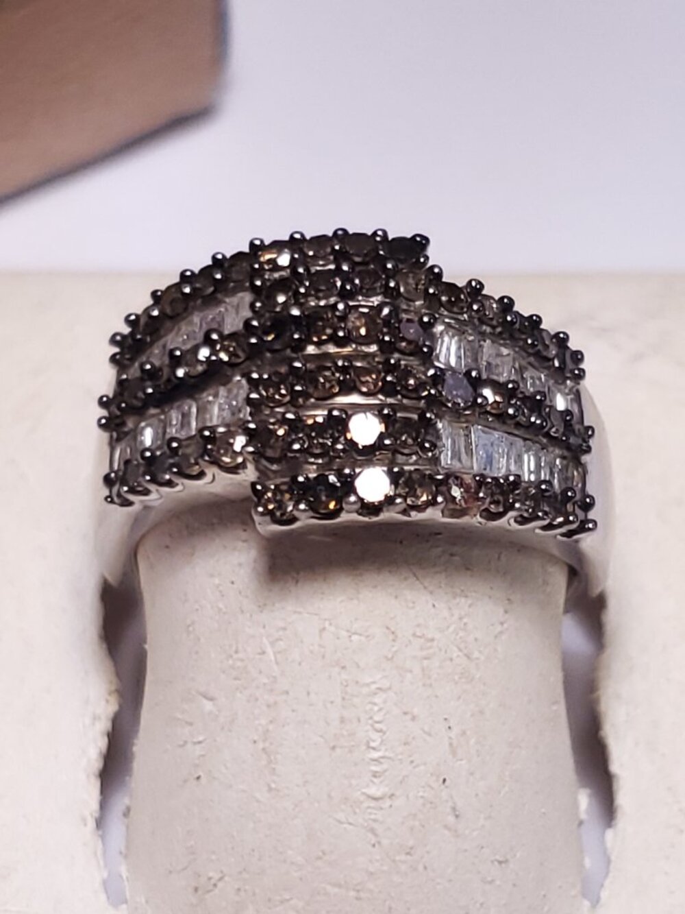 Estate .95ctw Champagne & White Diamond Offset 5 Row Sterling Silver Ring #25101